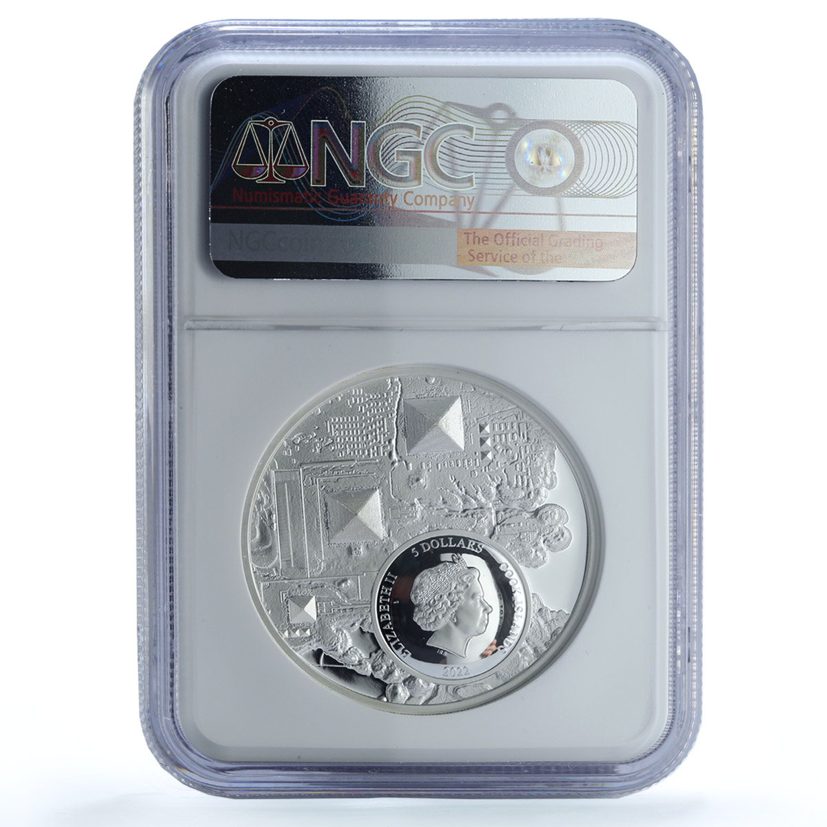 Cook Islands 5 dollars Pharaohs Legacy Giza Pyramids PF 70 NGC silver coin 2022