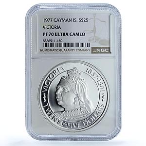 Cayman Islands 25 dollars Queen Victoria KM-20 PF 70 NGC silver coin 1977