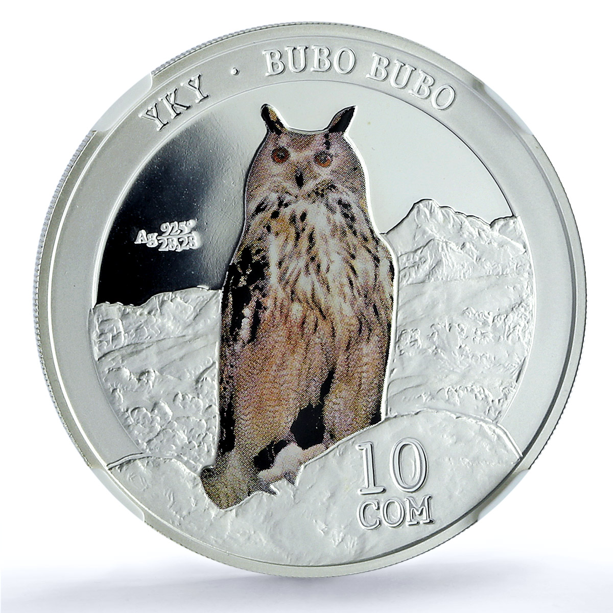 Kyrgyzstan 10 som Eagle Owl KM-61 Wildlife Fauna Bird PF 69 NGC silver coin 2014