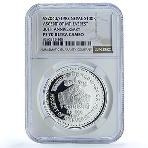 Nepal 100 rupees Ascent Mountain Everest KM-1005 PF 70 NGC silver coin 1983