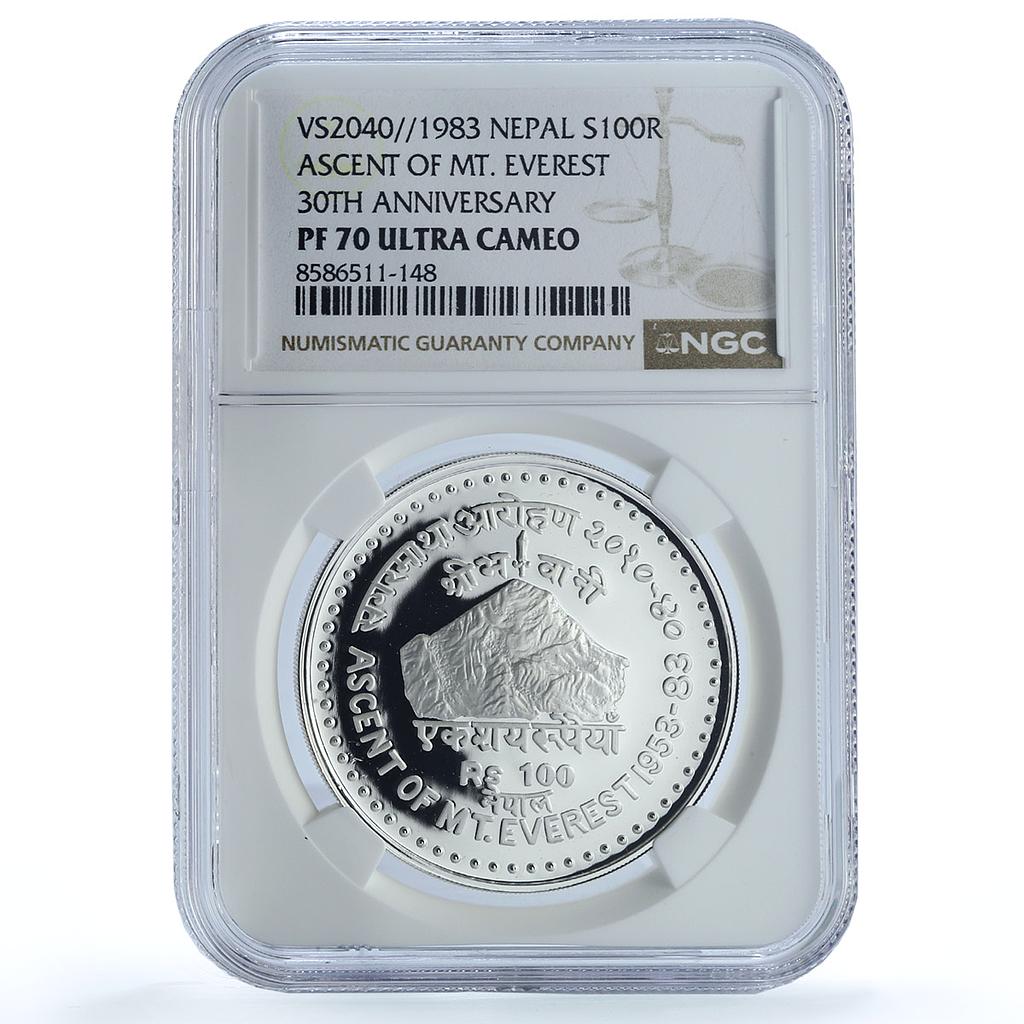 Nepal 100 rupees Ascent Mountain Everest KM-1005 PF 70 NGC silver coin 1983 Nepal 100 rupees Ascent Mountain Everest KM-1005 PF 70 NGC silver coin 1983