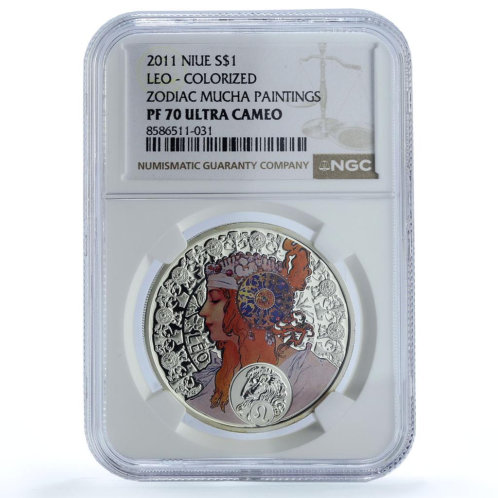 Niue 1 dollar Leo KM-499 Mucha Zodiac Signs Art Lion PF 70 NGC silver coin 2011