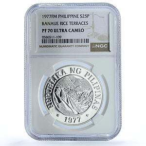 Philippines 25 piso Banaue Rice Terraces KM-217 FAO PF 70 NGC silver coin 1977