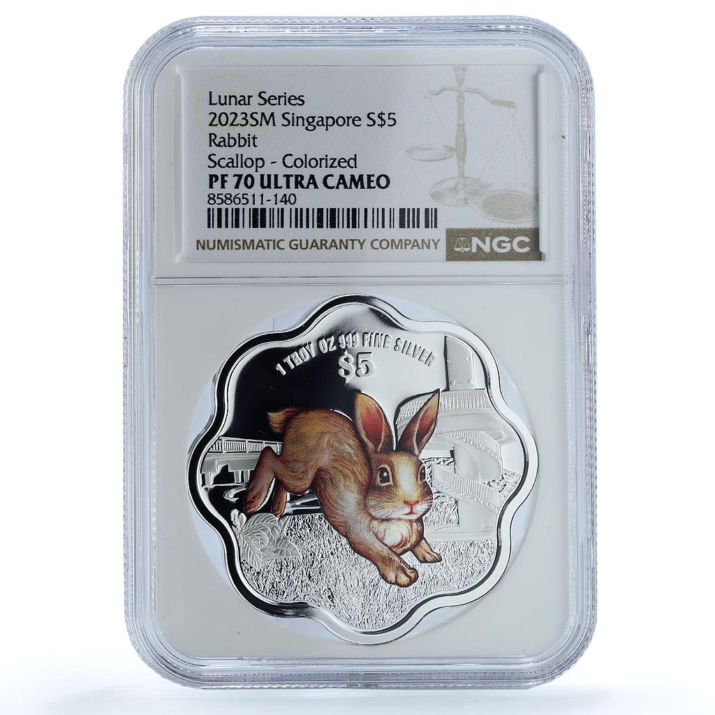 Singapore 5 dollars Year Rabbit Coloured KM-514 Lunar PF 70 NGC silver coin 2023 Singapore 5 dollars Year Rabbit Coloured KM-514 Lunar PF 70 NGC silver coin 2023