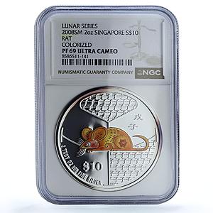 Singapore 10 dollars Year Rat Piedfort KM-272 Mouse PF 69 NGC silver coin 2008
