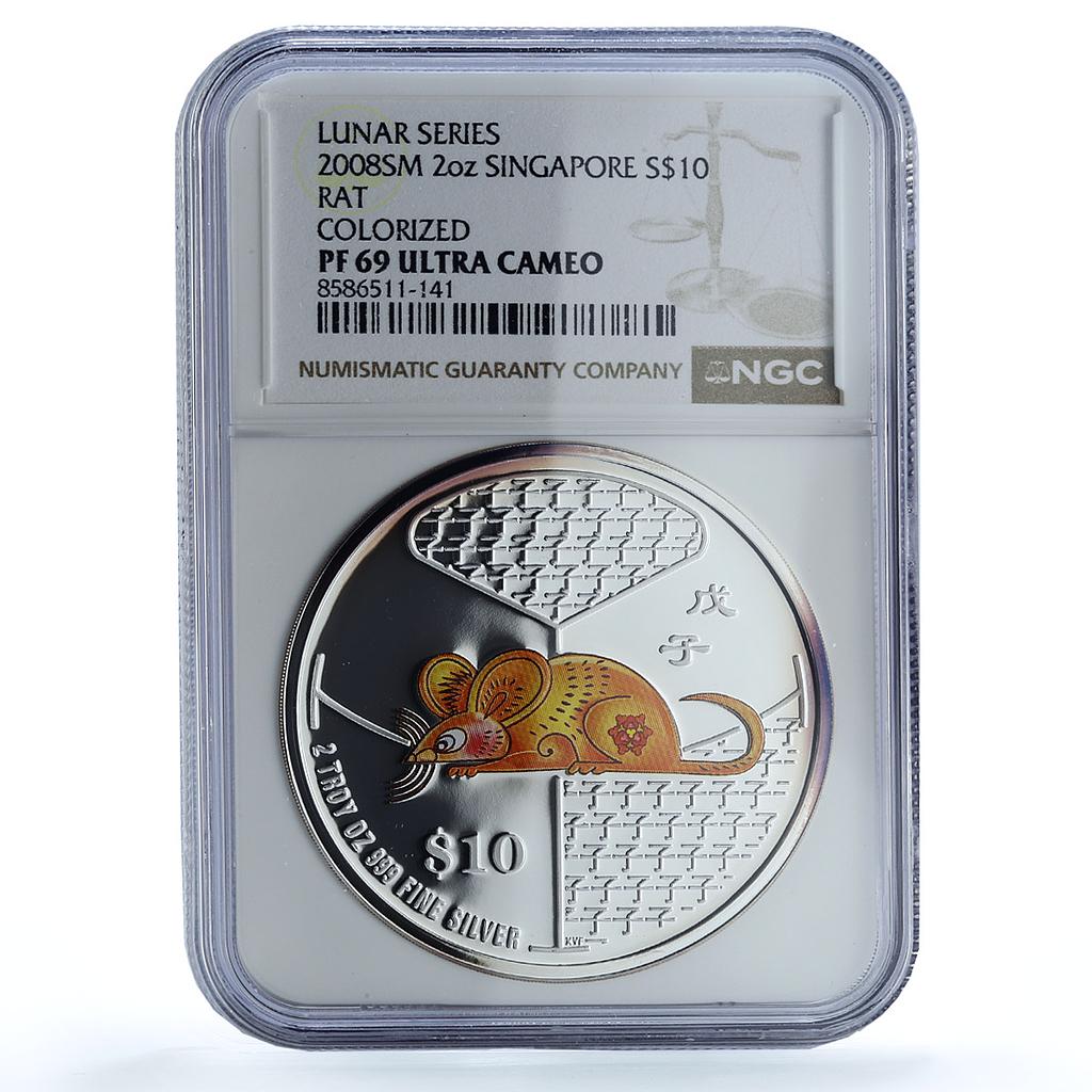 Singapore 10 dollars Year Rat Piedfort KM-272 Mouse PF 69 NGC silver coin 2008