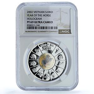 Vietnam 10000 dong Year Horse Hologram KM-63 Lunar PF 69 NGC silver coin 2002