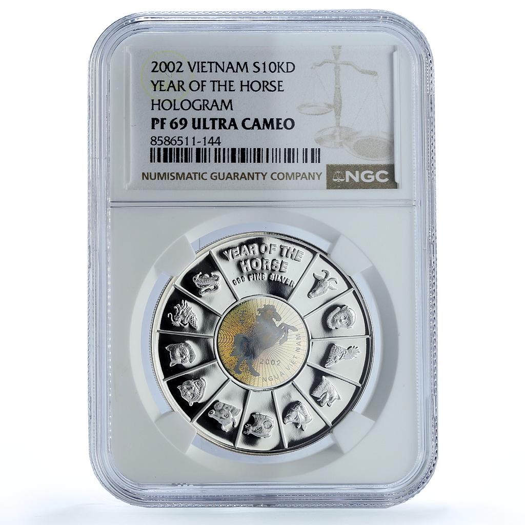 Vietnam 10000 dong Year Horse Hologram KM-63 Lunar PF 69 NGC silver coin 2002