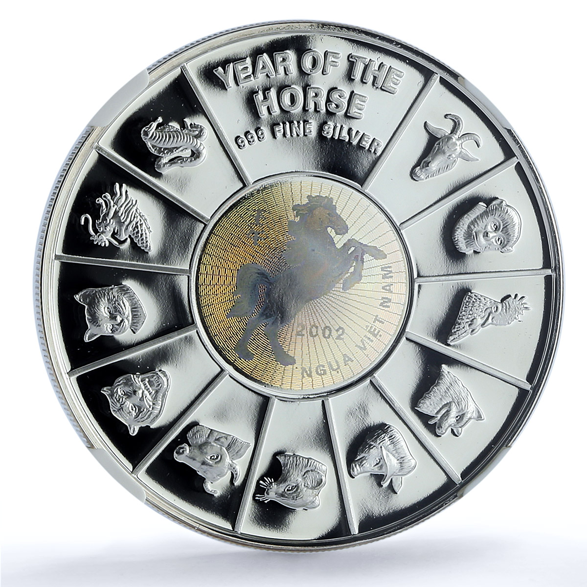Vietnam 10000 dong Year Horse Hologram KM-63 Lunar PF 69 NGC silver coin 2002