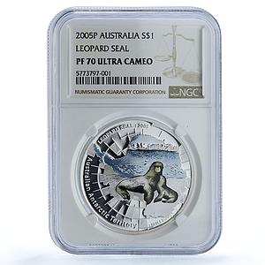 Australia 1 dollar Leopard Seal KM-1018 Antarctic PF 70 NGC silver coin 2005