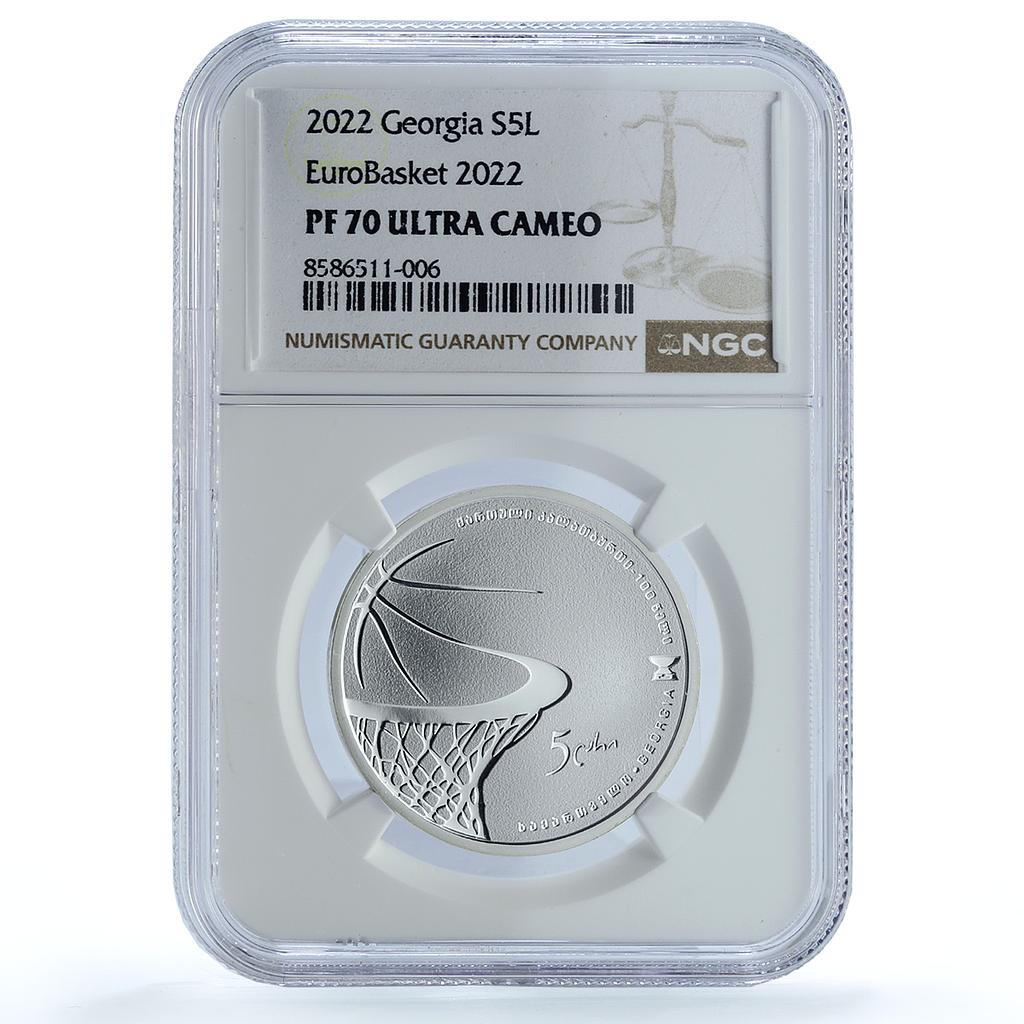 Georgia 5 lari EuroBasket Cup Tbilisi KM-125 Sports PF 70 PCGS silver coin 2022