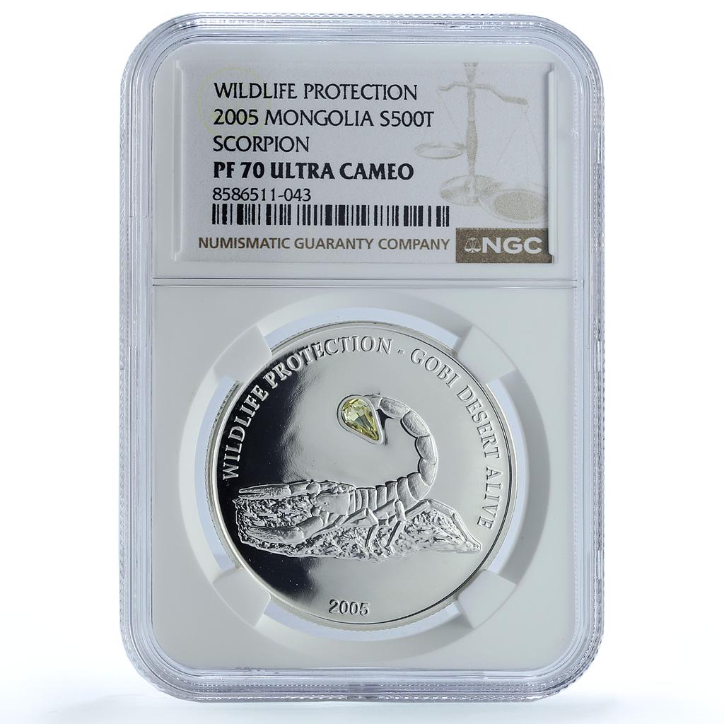 Mongolia 500 togrog Scorpion KM-249 Wildlife Fauna PF 70 NGC silver coin 2005