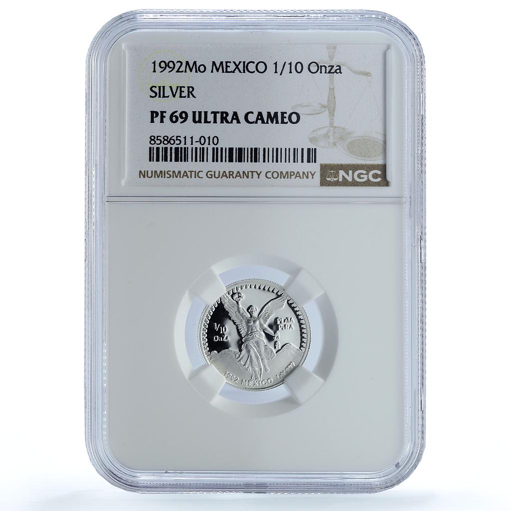 Mexico 1/10 onza Libertad Angel of Independence KM-543 PF69 NGC silver coin 1992