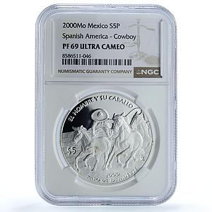 Mexico 5 pesos Cowboy KM-670 Ibero-American Horse PF 69 NGC silver coin 2000