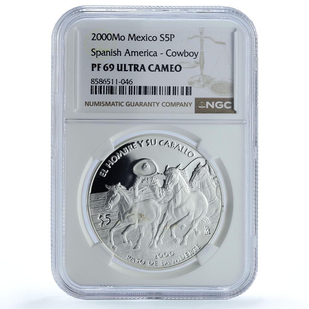 Mexico 5 pesos Cowboy KM-670 Ibero-American Horse PF 69 NGC silver coin 2000