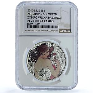 Niue 1 dollar Aquarius KM-505 Mucha Zodiac Signs Art PF 70 NGC silver coin 2010
