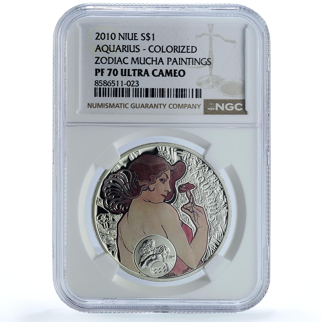 Niue 1 dollar Aquarius KM-505 Mucha Zodiac Signs Art PF 70 NGC silver coin 2010