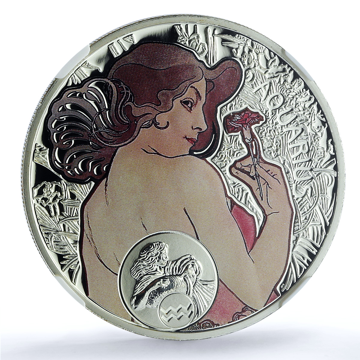 Niue 1 dollar Aquarius KM-505 Mucha Zodiac Signs Art PF 70 NGC silver coin 2010