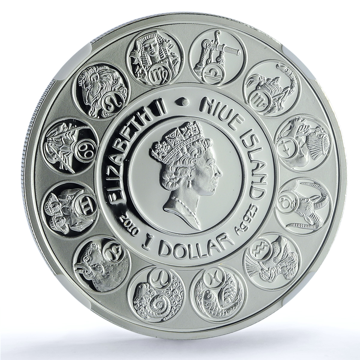 Niue 1 dollar Aquarius KM-505 Mucha Zodiac Signs Art PF 70 NGC silver coin 2010