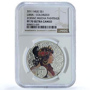 Niue 1 dollar Libra KM-501 Mucha Zodiac Signs Art PF 70 NGC silver coin 2011