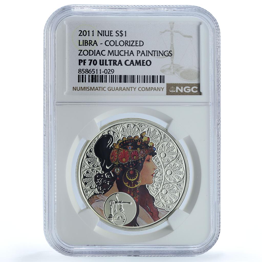 Niue 1 dollar Libra KM-501 Mucha Zodiac Signs Art PF 70 NGC silver coin 2011