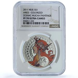 Niue 1 dollar Aries KM-495 Mucha Zodiac Signs Art PF 70 NGC silver coin 2011