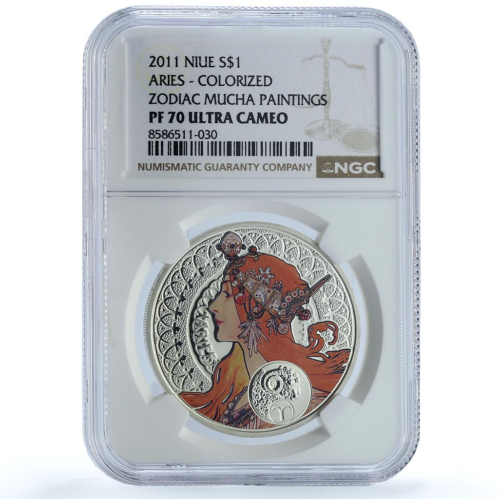 Niue 1 dollar Aries KM-495 Mucha Zodiac Signs Art PF 70 NGC silver coin 2011