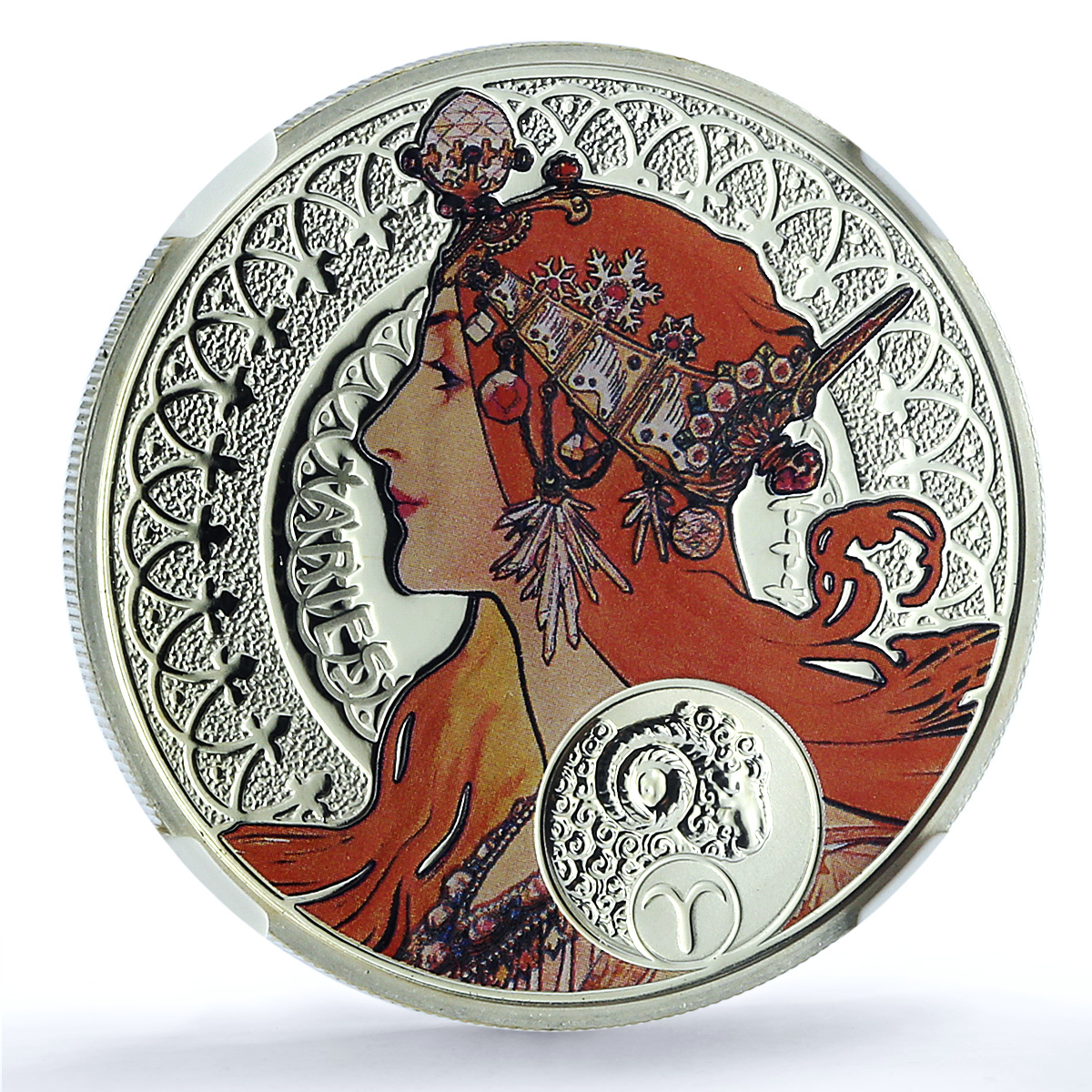 Niue 1 dollar Aries KM-495 Mucha Zodiac Signs Art PF 70 NGC silver coin 2011
