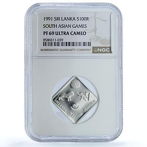 Sri Lanka 100 rupees Asian Games KM-152 Lion Elephant PF 69 NGC silver coin 1991