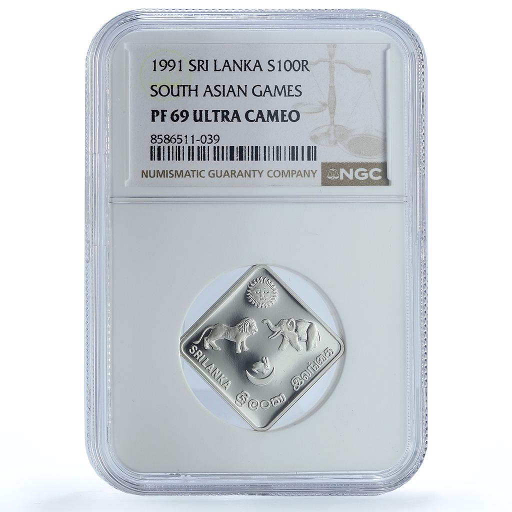 Sri Lanka 100 rupees Asian Games KM-152 Lion Elephant PF 69 NGC silver coin 1991