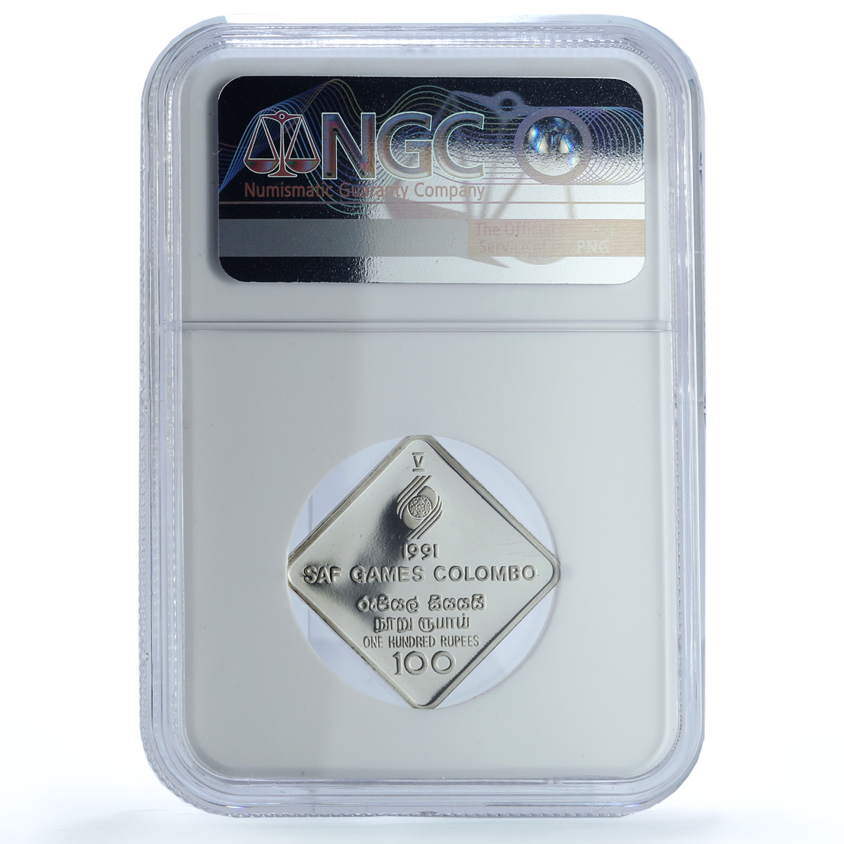 Sri Lanka 100 rupees Asian Games KM-152 Lion Elephant PF 69 NGC silver coin 1991