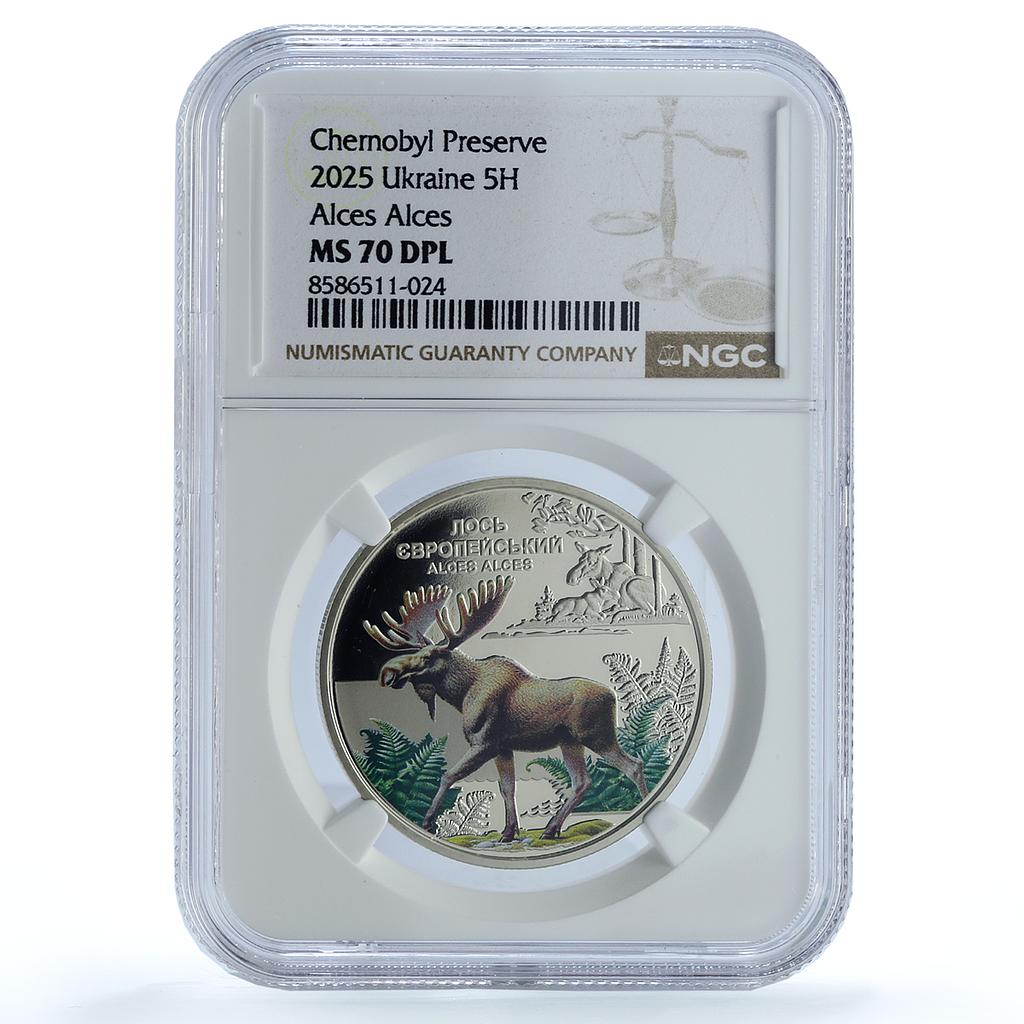 Ukraine 5 hryvnias Elk KM-1143 Chernobyl Fauna MS 70 NGC NiBrass coin 2025