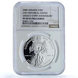 Ukraine 10 hryvnias Lviv KM-522 UNESCO City Theatre PF 69 NGC silver coin 2008