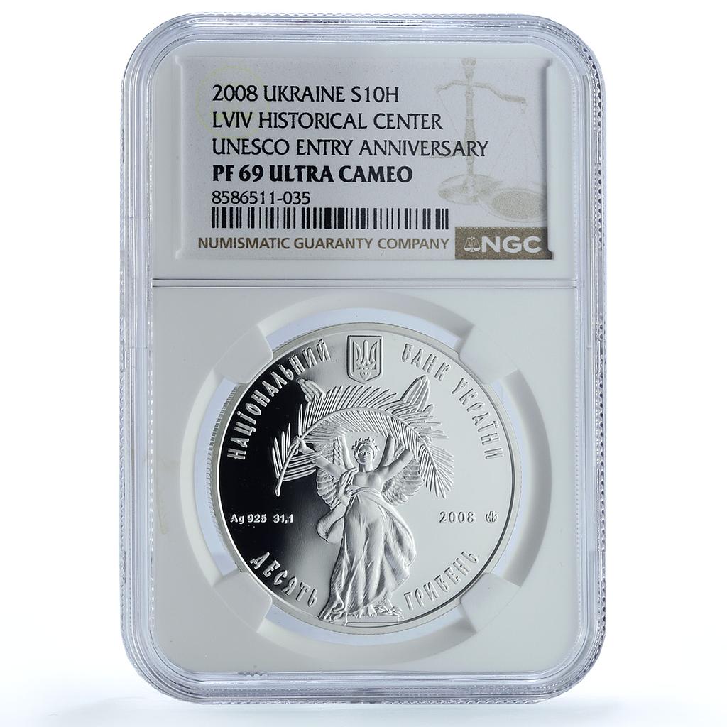Ukraine 10 hryvnias Lviv KM-522 UNESCO City Theatre PF 69 NGC silver coin 2008