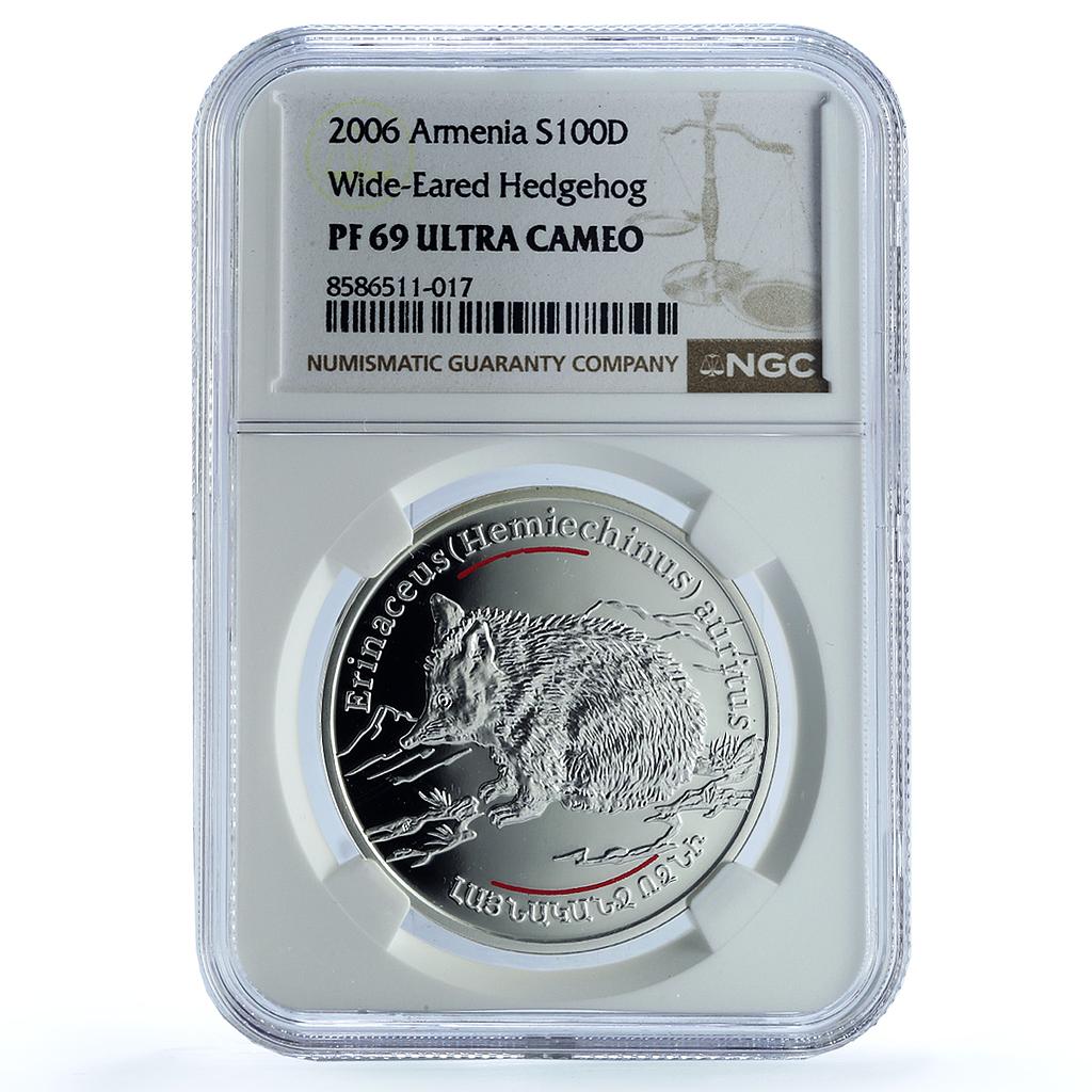 Armenia 100 dram Hedgehog KM-120 Wildlife Fauna PF 69 NGC silver coin 2006