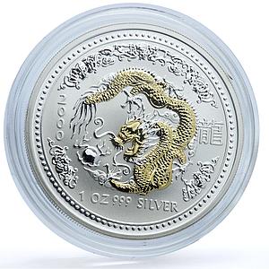 Australia 1 dollar Year of Dragon Gilt KM-424 Lunar Series 1 silver coin 2000