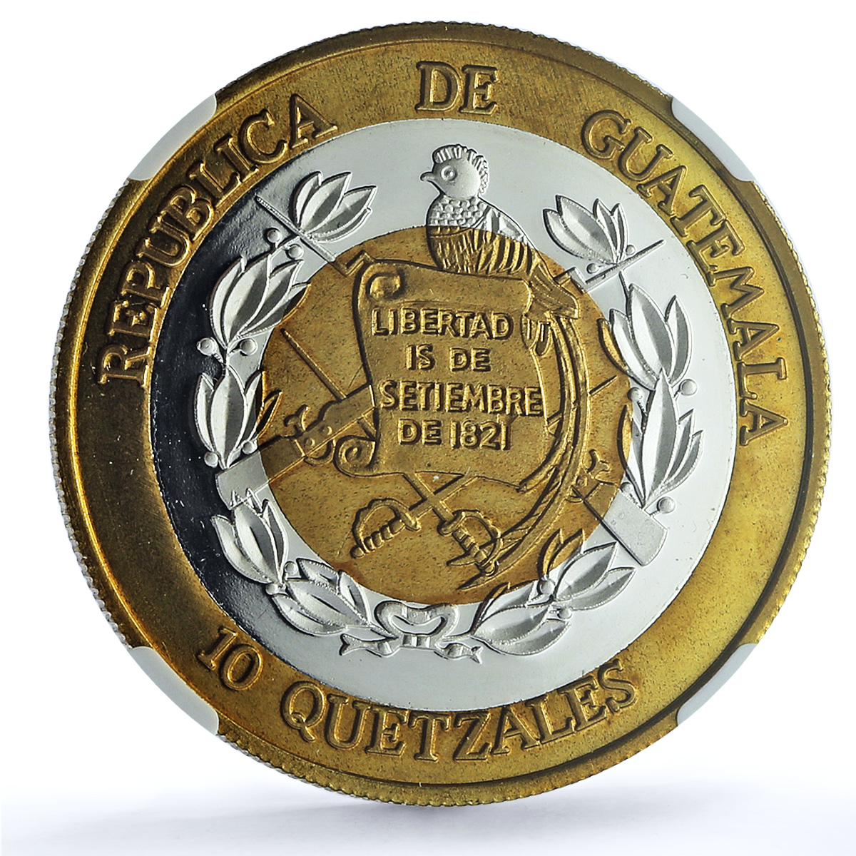 Guatemala 10 quetzales Quetzal RE X#2c.1 Bird Tower PF 67 NGC trimetal coin 1995