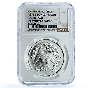 Indonesia 2000 rupiah Javan Tiger KM-39a Fauna Cat PF 69 NGC silver coin 1974