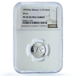 Mexico 1/10 onza Libertad Angel of Independence KM-543 PF69 NGC silver coin 1993