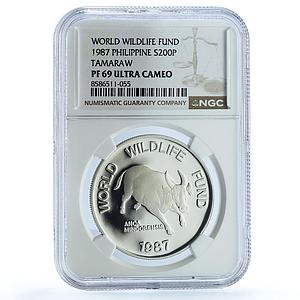 Philippines 200 piso Mindoro Buffalo KM-248 WWF Bull PF 69 NGC silver coin 1987