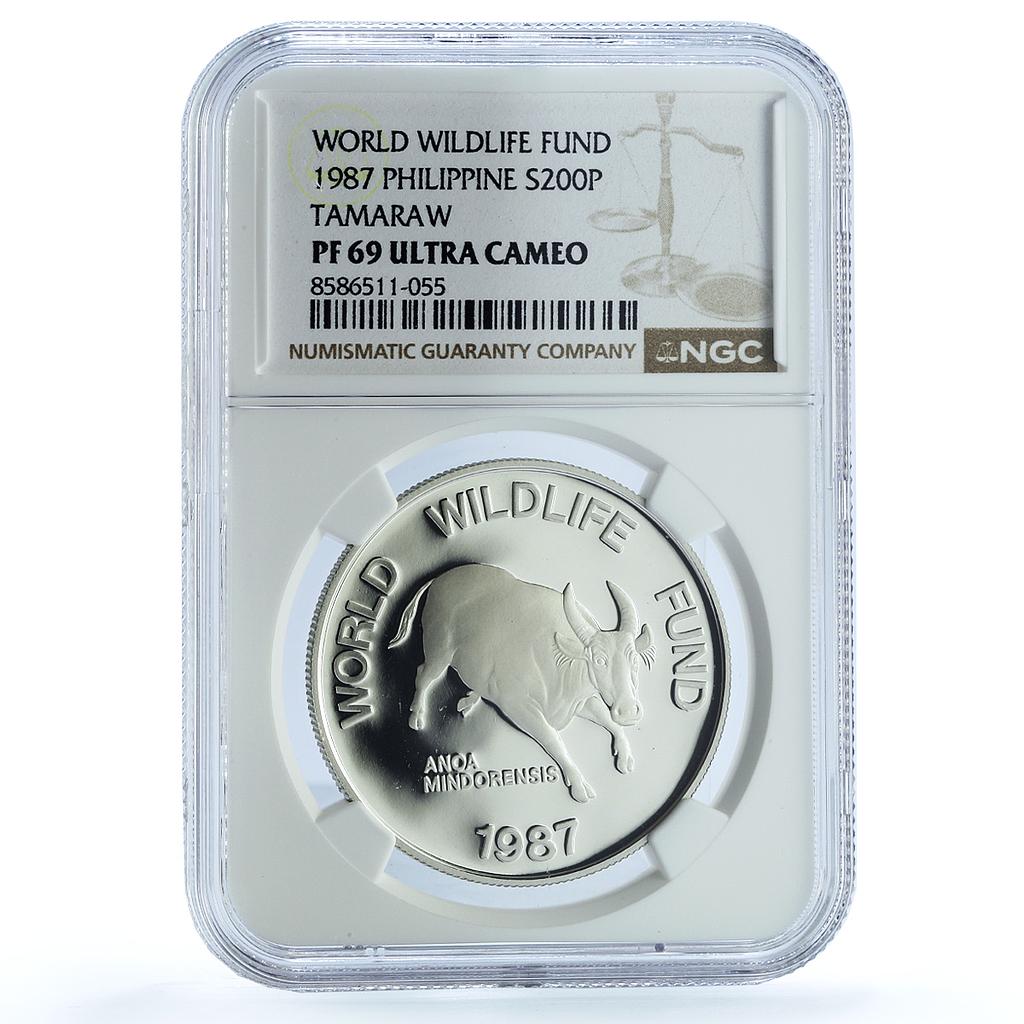 Philippines 200 piso Mindoro Buffalo KM-248 WWF Bull PF 69 NGC silver coin 1987