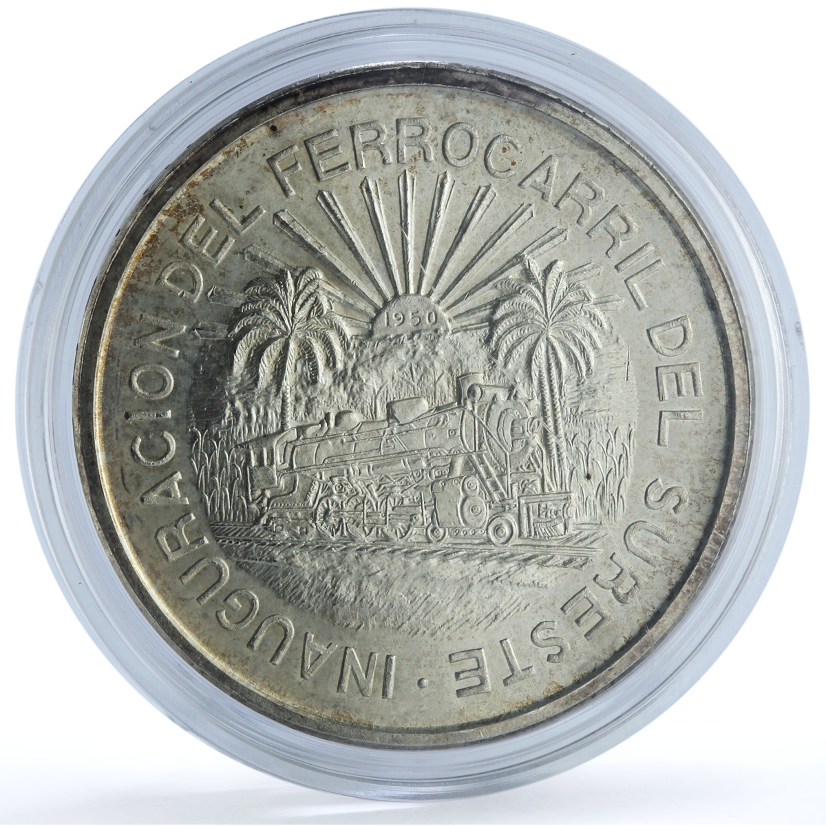 Mexico 5 pesos Opening Southern Railroad KM-466 Train silver coin 1950