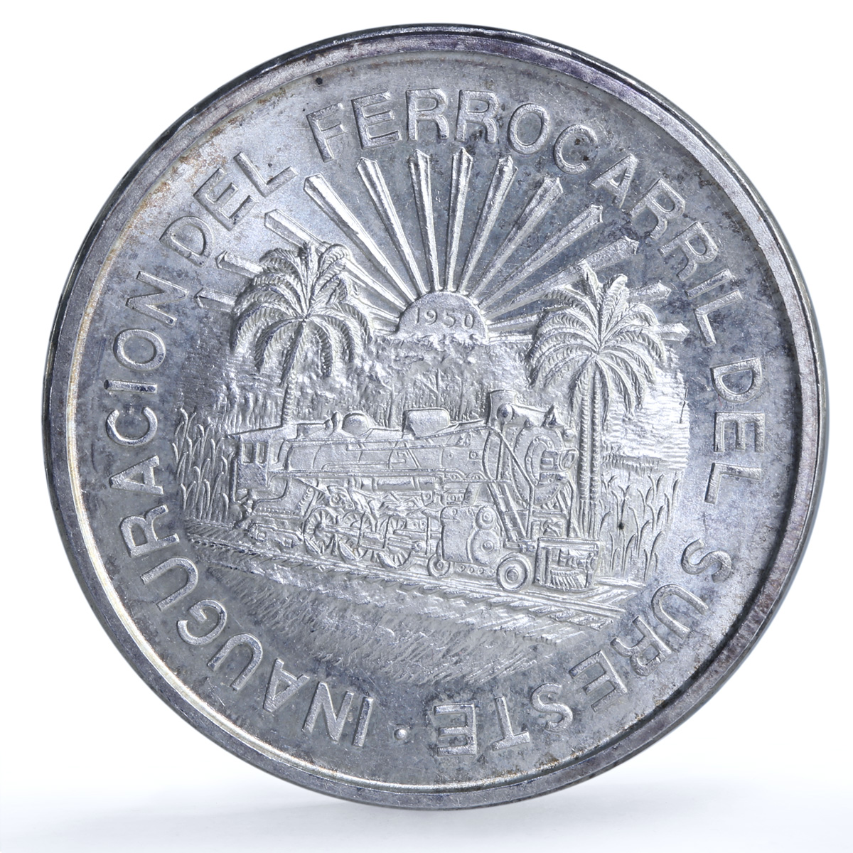 Mexico 5 pesos Opening Southern Railroad KM-466 Train silver coin 1950