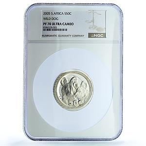 South Africa 50 cents Wild Dog KM-323 Wildlife Fauna PF 70 NGC silver coin 2005