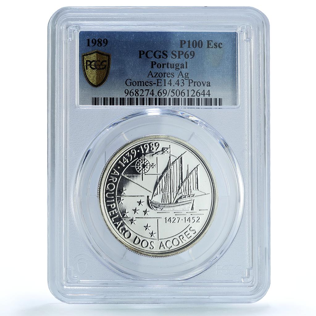 Portugal 100 escudos Azores Probe KM-648a Ship SP 69 PCGS silver coin 1989