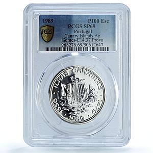 Portugal 100 escudos Canary Islands Probe KM-646a Ship SP 69 PCGS Ag coin 1989