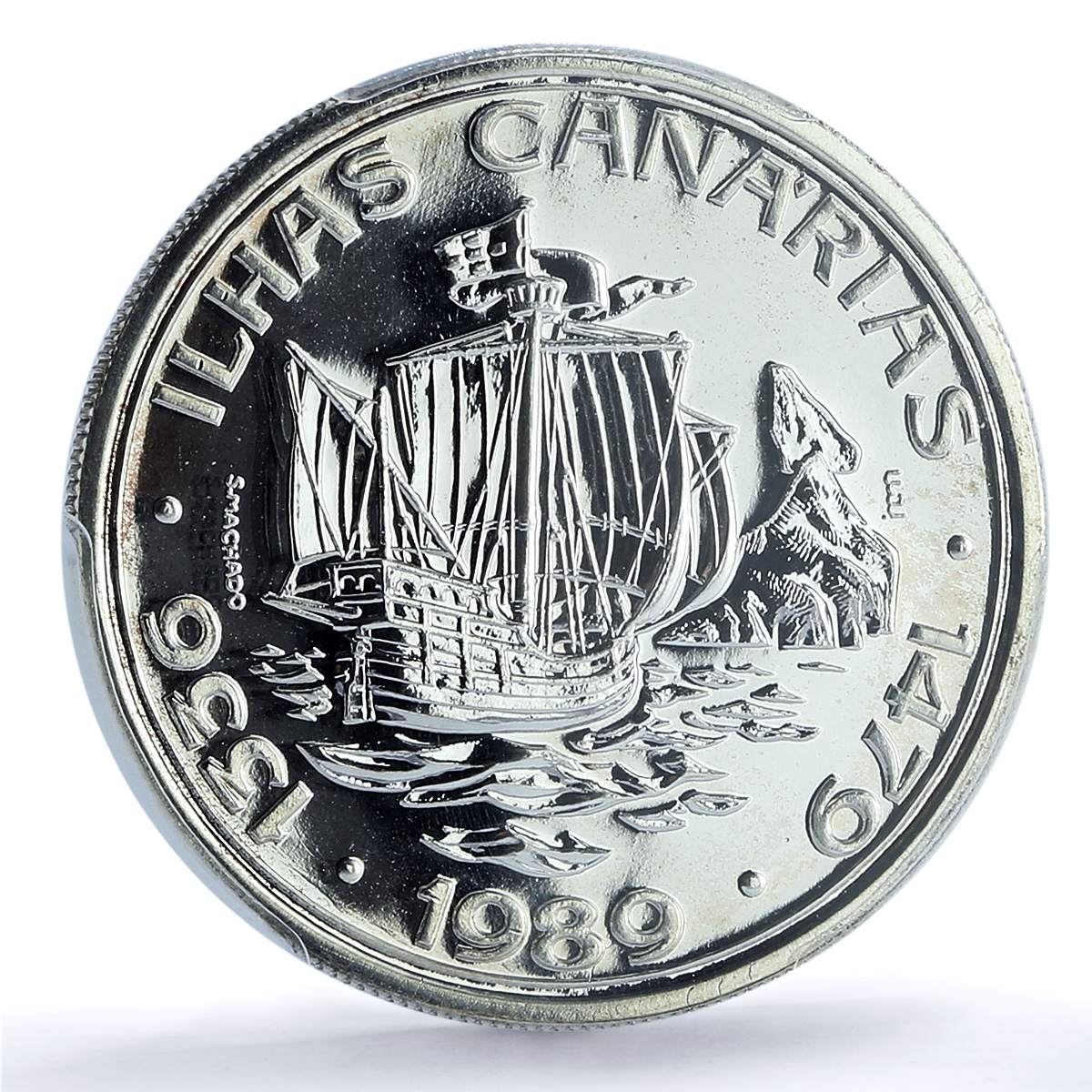 Portugal 100 escudos Canary Islands Probe KM-646a Ship SP 69 PCGS Ag coin 1989 Portugal 100 escudos Canary Islands Probe KM-646a Ship SP 69 PCGS Ag coin 1989