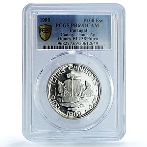 Portugal 100 escudos Canary Islands Probe KM-646a Ship PR 69 PCGS Ag coin 1989