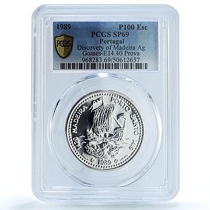 Portugal 100 escudos Madeira Porto Probe KM-647a Ship SP69 PCGS silver coin 1989