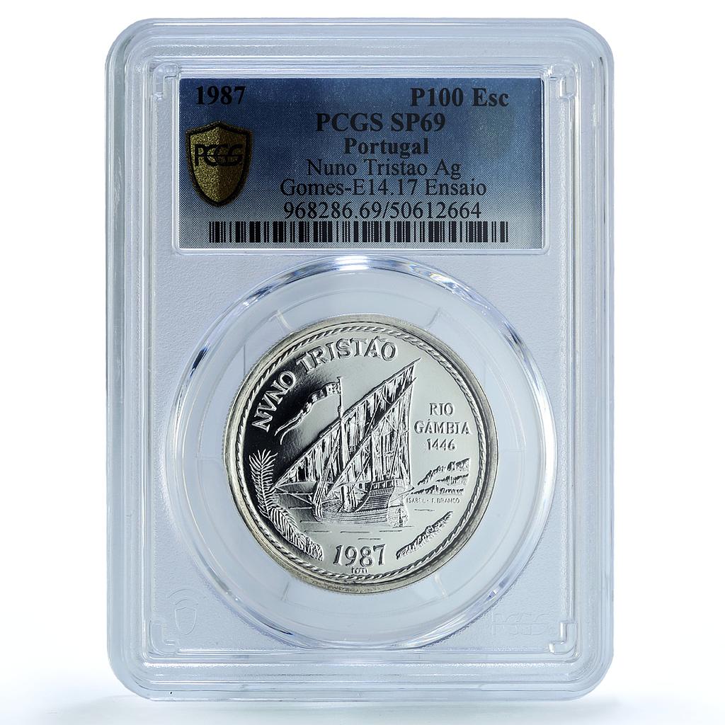 Portugal 100 escudos Nuno Tristao Essai KM-640a Ship SP 69 PCGS silver coin 1987 Portugal 100 escudos Nuno Tristao Essai KM-640a Ship SP 69 PCGS silver coin 1987